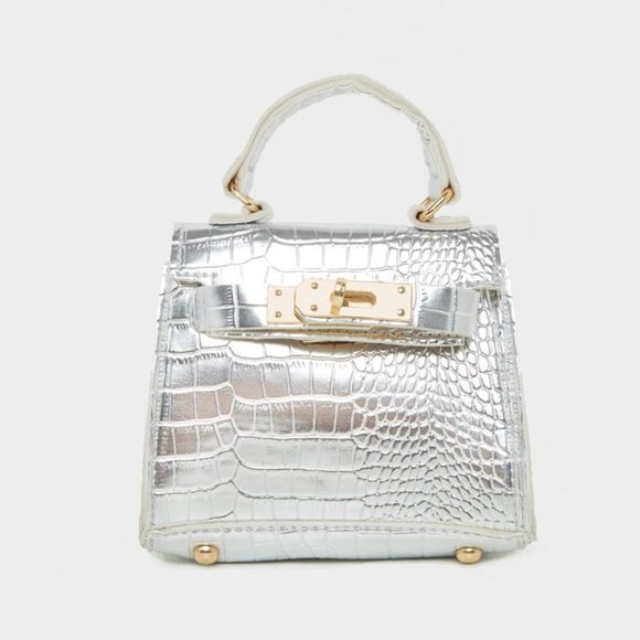 PrettyLittleThing Handbags - PrettyLittleThing Silver Croc Mini Micro Bag